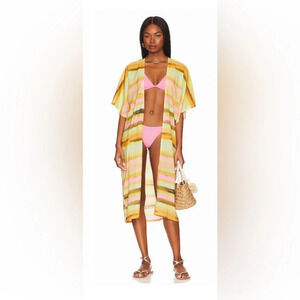 NWT plush apparel sunset swim maxi coverup kimono duster sz S pink/yellow